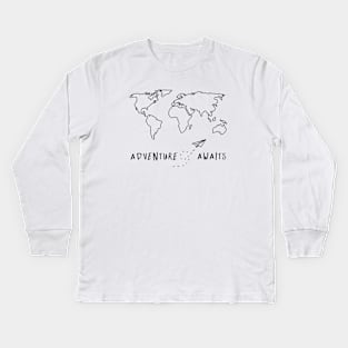 Adventure Awaits Map - Black Minimal Kids Long Sleeve T-Shirt